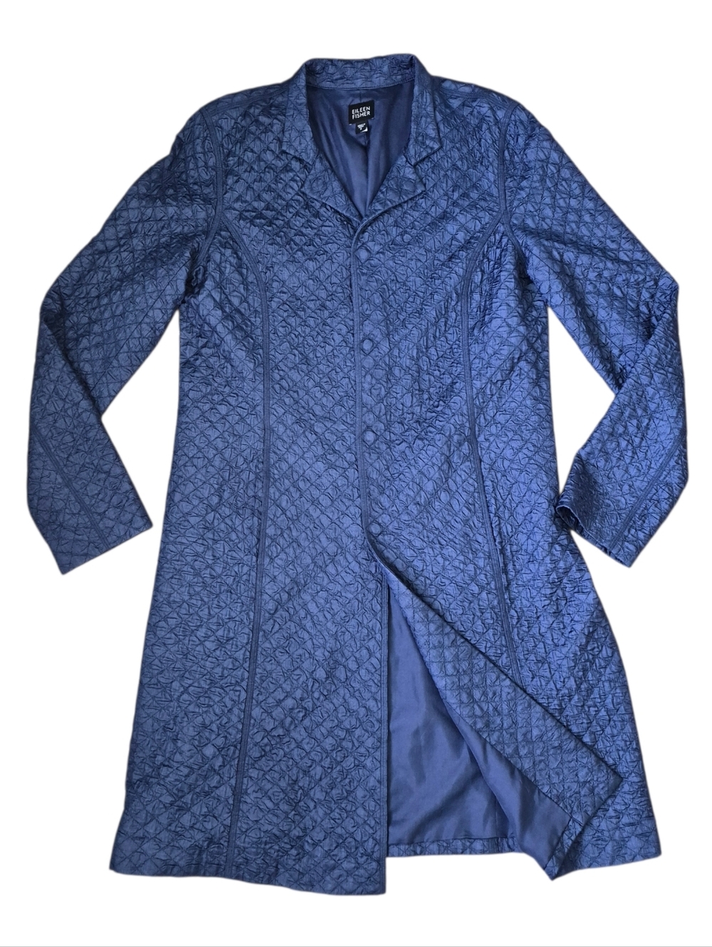 Eileen Fisher Quilted Crinkled Silk, Midi Trench Evening Coat in Blue
